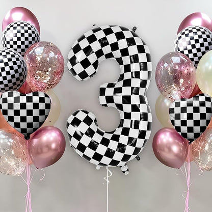 Checkered Number 3 Balloon 40 Inch, Large Foil Black and White Number Balloons - Image 2