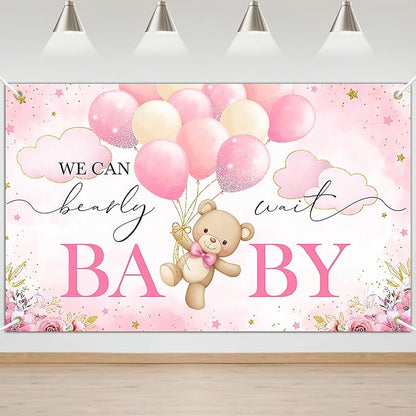 Mocsicka We Can Bearly Wait Backdrop Pink Bear Baby Shower Banner Girls Baby by Mocsicka