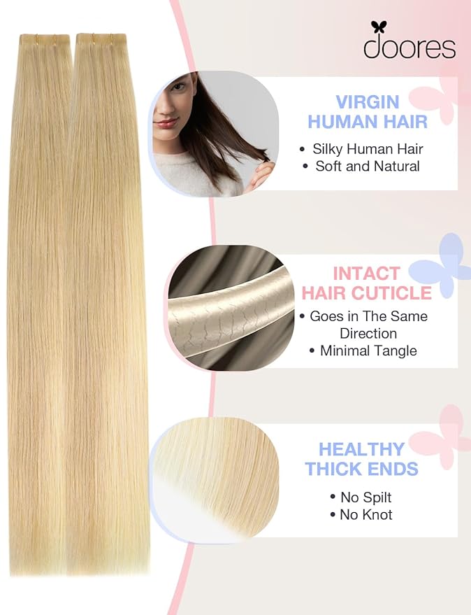 DOORES Invisi Edge Hair Extensions Real Human Hair Tape in, Drity Blonde Mixed Platinum Blonde 10 Injection Tape-ins with 10 Injection Tape-ins 50g 20 Inch, Injected Tape in