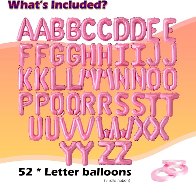 52 Pcs 16 Inch Pink Letter Foil Balloons, 2 Sets of A-Z, Mylar Metallic - Image 2