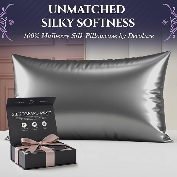 DECOLURE 100% Pure Mulberry Silk Pillow Case Queen Size – Highest Grade 30 Momme 6A+, Luxuriously Soft & Cooling Silk Pillowcase for Hair & Skin, Hypoallergenic, Breathable, Hidden Zipper (Grey)