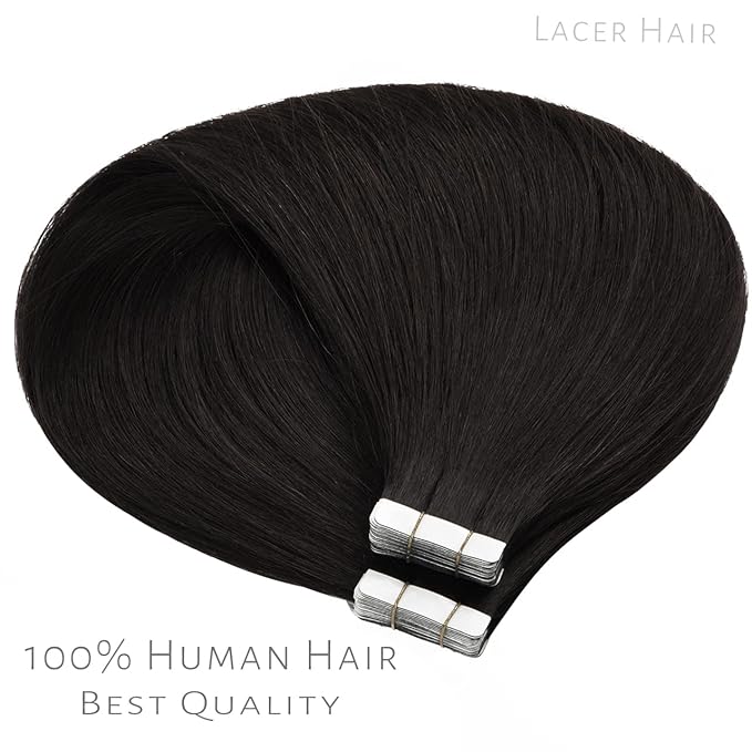 Lacerhair Real Human Hair Tape in Extensions - 18 inch Remy Tape in Human Hair Extensions - Natural Black PU Skin Weft 50g 20pcs/set