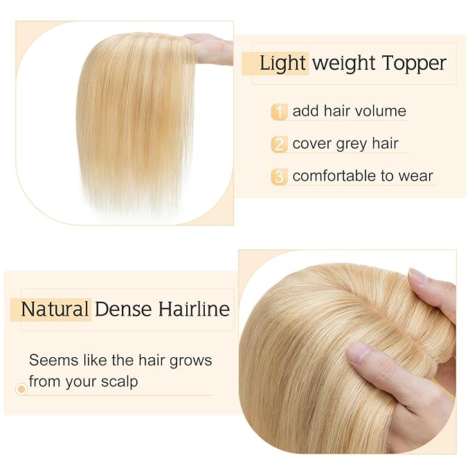 SEGO Human Hair Toppers for Women With Thinning Hair, 7 * 13CM Silk Base 100% Real Human Hair Clip in Top Wiglet Hairpieces /8 Inch No Bangs Ash Blonde&Bleach Blonde