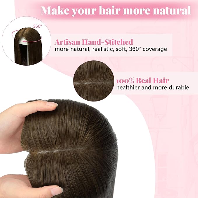 Hair Toppers for Women Real Human Hair 6x7inch 55g Large Base Chocolate Brown 12inch Hair Pieces for Women with Thinning 360°Cover Clip In Extensions Topper Add Volume (#4Toppers-12inch)