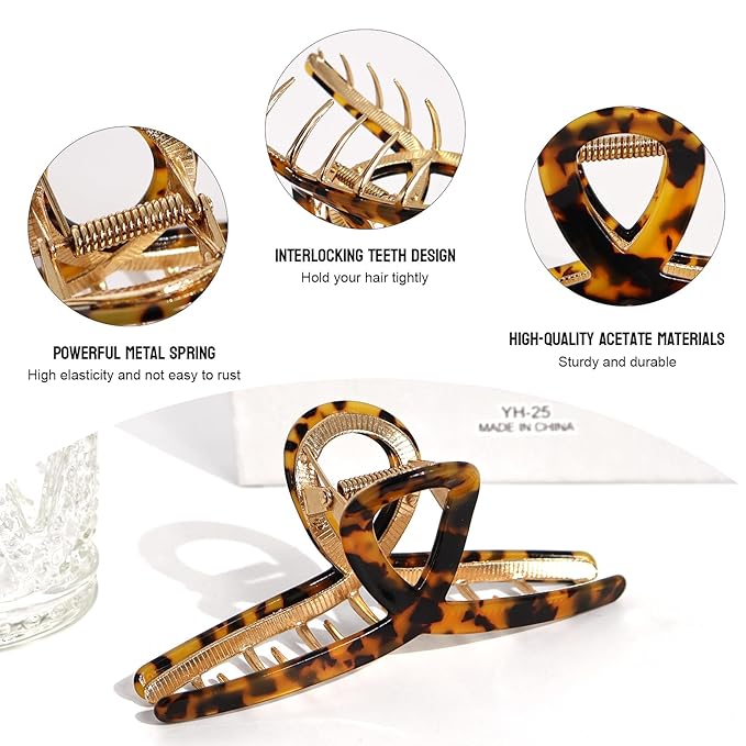 Large Metal Hair Clips - Strong Hold Gold Clips for Thick Locks - Leopard Print Claw Clips for Women and Girls