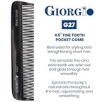 Giorgio G27 Handmade All Fine Tooth Pocket Comb, Hair Comb Straightener for Everyday Grooming Styling Hair, Mustache and Beard for Men Women and Kids, Saw Cut and Polished Black Graphite