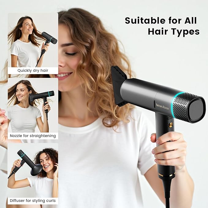 Hair Dryer, High-Speed Ionic Low Noise Blow Dryer, Powerful 1600 Watt Motor for Fast Drying and Straight & Wavy Hair, Lightweight, Professional Hairdryer with Diffuser & Nozzle for Home Salon Travel