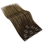 Ve Sunny Clip in Hair Extensions Real Human Hair, Human Hair Clip in Extensions, Balayage Clip in Hair Extensions Dark Brown Ombre Caramel Blonde, 12inch 5pcs 80g