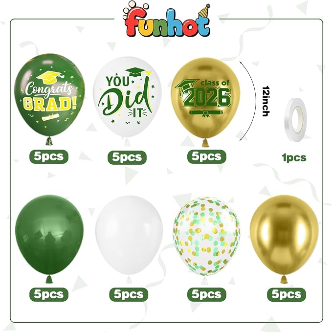 Green and Gold Balloons, 12 Inch Graduation Balloons Printed 2026, You DID IT - Image 2