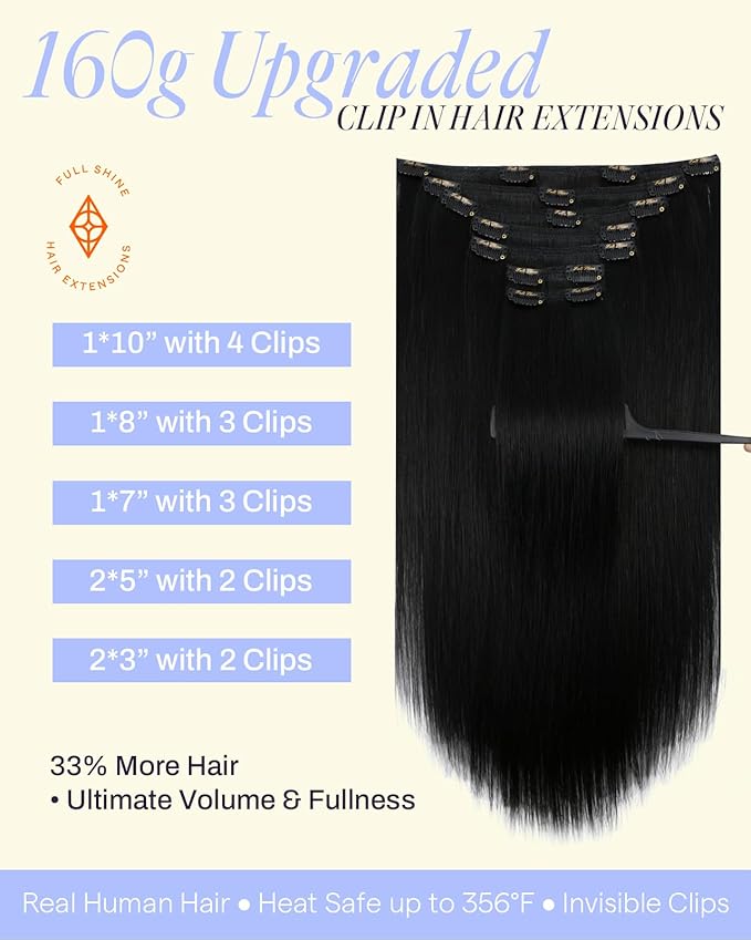 Full Shine Clip in Black Hair Extensions 18 Inch 160 G Clip in Hair Extensions Black Women for Fullness 7 Pcs