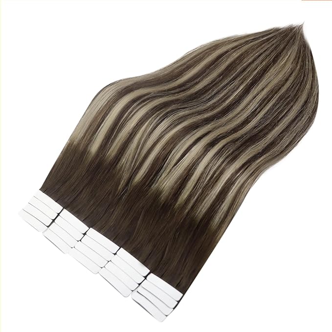 Full Shine Tape in Hair Extensions Human Hair Color 2/60/2 Balayage Brown And Blonde Natural Straight Hair Extensions Tape in 20 Inch Invisible Seamless Skin Weft 50Gram for Women 20Pcs