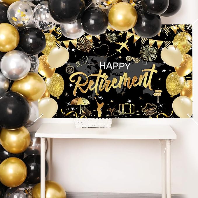 Mocsicka Retirement Party Decorations Black and Gold Happy Retirement Backdrop - Image 2