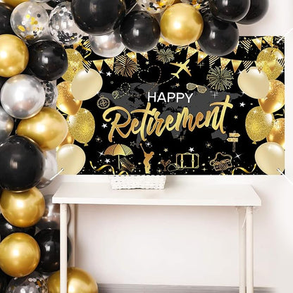 Mocsicka Retirement Party Decorations Black and Gold Happy Retirement Backdrop - Image 2