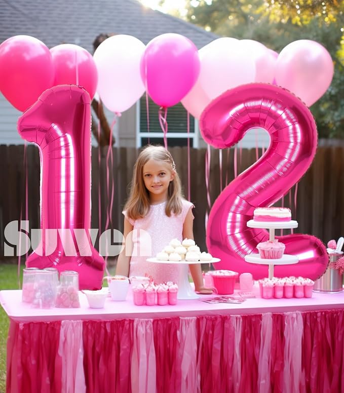 SUWEN 40 Inch Hot Pink Large 12 Number Balloons Big Foil Helium Number Balloons - Image 3