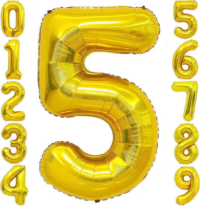 Gold 5 Balloon Number, 40 Inch Number 5 Balloon Large Gold 5 Foil Mylar Helium by BBPOOL