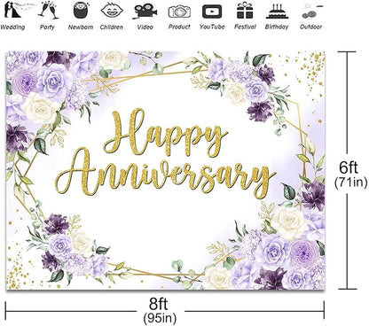 Happy Anniversary Backdrop Purple and White Flowers Anniversary Party - Image 3