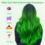 16 Pcs Colored Hair Extensions Curly Wavy Clip in Synthetic Hairpiece Streak,Colorful Hair Christmas New Year Cosplay Party Highlights for Girls Women Kids Gift(Neon Green)