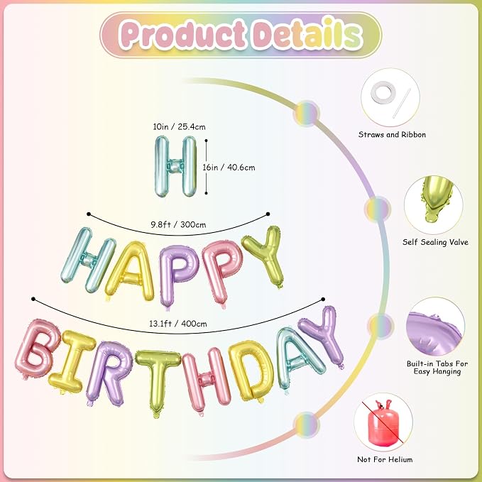 29PC Pastel Happy Birthday Balloon Banner, 16Inch 3D Aluminum Letter Banner Sign - Image 3