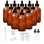 12 Pack 4oz Amber Glass Bottles with Glass Eye Droppers for Essential Oils, Perfumes & Lab Chemicals (1 Brush, 2 Funnels, 2 Extra Droppers, 24 Pieces Labels & 30ml Measuring Cup Included)