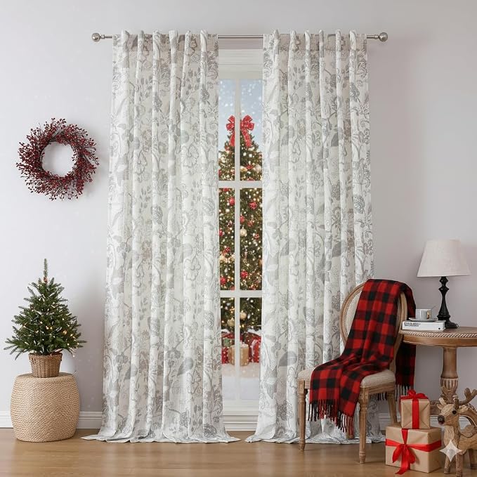 Kayne Studio Linen Grey Curtain Panels Linen Textured Botanical Leaf Print - Image 9