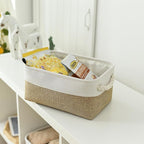 TheWarmHome Storage Basket for Organizing - 1 Pack 12x8x5.2 inch Baskets for Gifts Empty with Handles, Fabric Storage Cubes for Organizer Closet Dog Gift Cloth Toy (Whiet & Khaki)