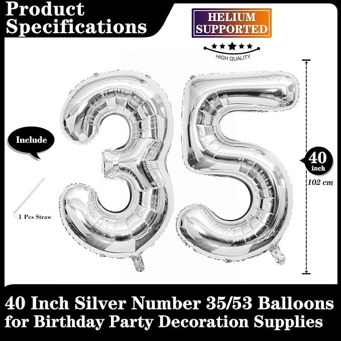 Silver 35 Number Balloons, 40 Inch Giant Number 35 Balloons Foil Mylar Helium - Image 2