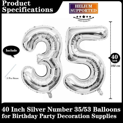 Silver 35 Number Balloons, 40 Inch Giant Number 35 Balloons Foil Mylar Helium - Image 2