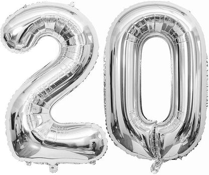 Silver 20 Number Balloons, 40 Inch Giant Number 20 Balloons Foil Mylar Helium by Lovoir
