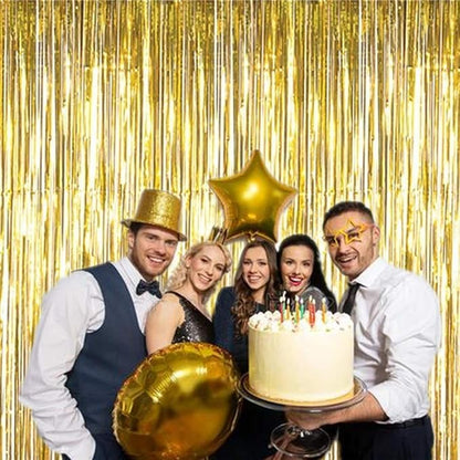 2 Pcs 3.2ft x 8.2ft Shiny Gold Metallic Tinsel Foil Fringe Curtains Photo Booth - Image 4