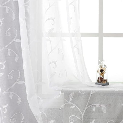 White Sheer Curtains Embroidered Leaves 2 Panels 54Wx63L | Light Filtering by VISIONTEX