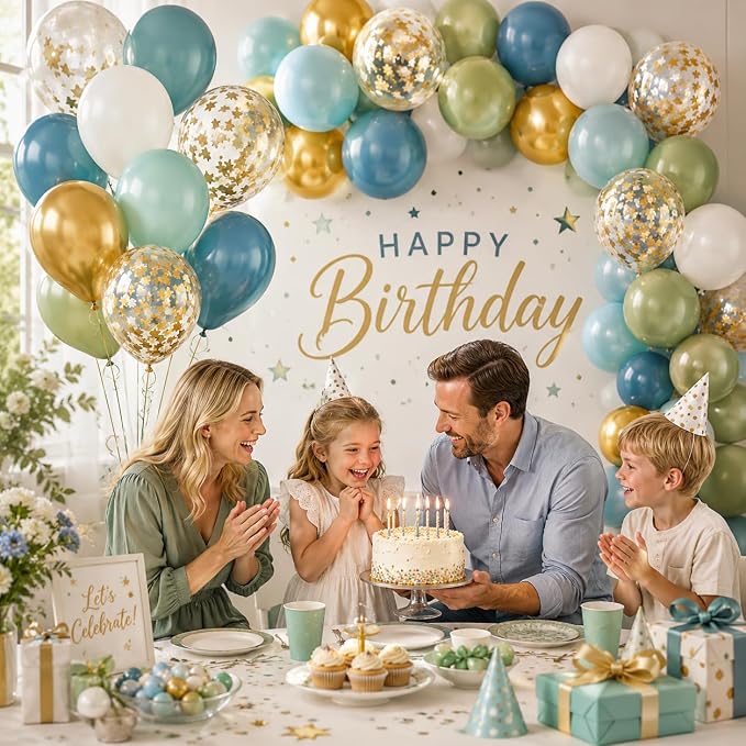 Green Blue Gold Balloons, 12 Inch Dusty Blue and Sage Green Balloons Set - Image 3