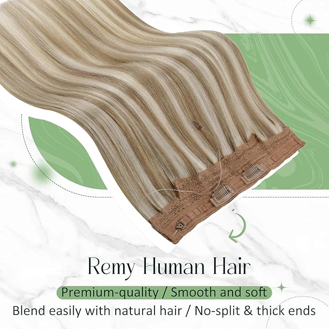 RUNATURE Wire Human Hair Extensions, Blonde Highlight Fish Line Hair Extensions Real Human Hair, Smooth Remy Hair for Women, One Piece Clip in Wire Hair Extensions 18 Inch 80g #8P24