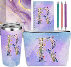 Personalized Gifts Monogrammed Birthday Gifts for Women, New Mom, Grandma Thank You Christmas, Initial 20 oz Tumbler, Makeup Cosmetic Bag Cup Pens Journal Notebook 6 Set, (Aesthetic Purple Flower R)