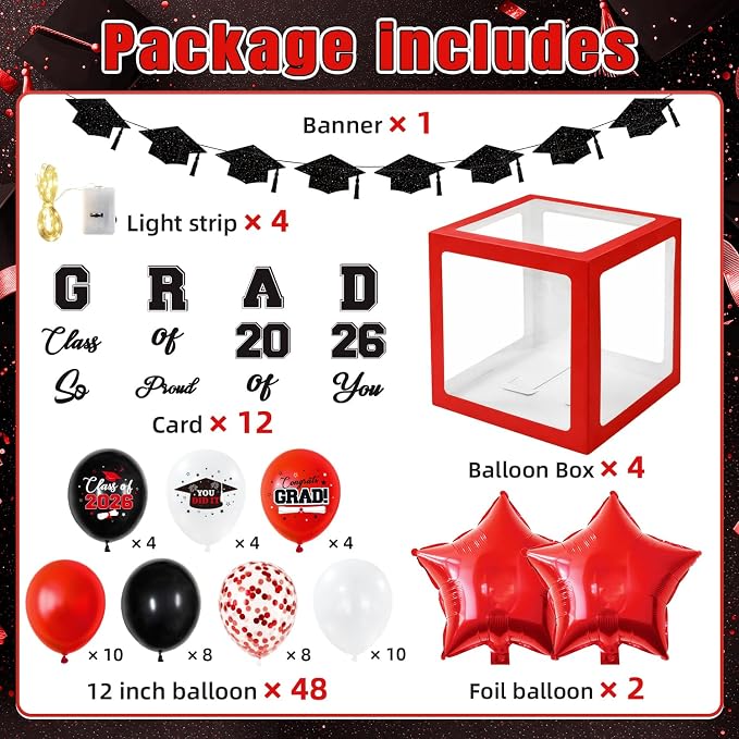 2026 Graduation Decorations Include String LED, Glitter Banner, 4 Red Balloon - Image 2
