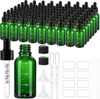 63 Pcs 1oz Green Glass Dropper Bottles with Measurement, 30ml Leakproof Tincture Bottles with Funnels, Eye Droppers, Extra Caps & Labels, Refillable Empty Bottles for Tinctures, Essential Oils