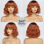 Short Copper Red Wigs for Women Fox Red Wig Ombre Red Dark Root Culy Bob Wigs with Bangs Ginger Hair Wig Wavy Synthetic Wigs(14Inches)