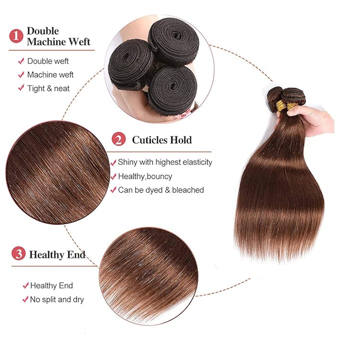 28 30 32 Inch Dark Brown Bundles Human Hair Color 4 Straight Bundle Niegmeag Virgin Remy Hair Extensions Double Weft Brown Bundles Hair Weave
