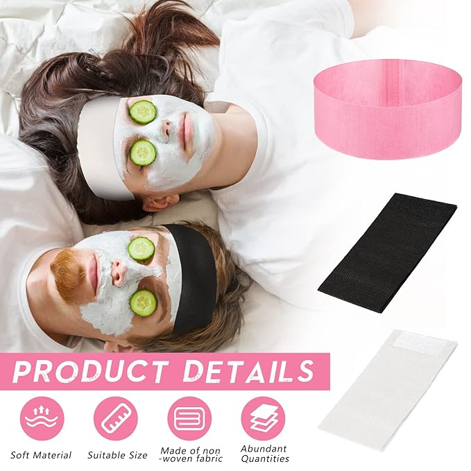 Hanaive 120 Pieces Disposable Headbands for Facials Spa Headbands with Convenient Closure Stretch Non Woven Skin Care Hair Band Soft for Women Salons Face Washing, Shower, Pink, Black, White