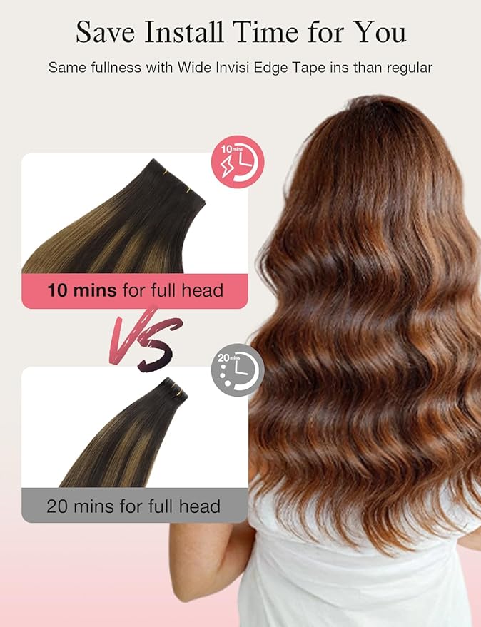 DOORES Invisi Edge Tape in Wide Hair Extensions Human Hair, Dark Brown to Chestnut Brown 4PCS Injection Tape ins 20g 16 Inch, Virgin Human 3 Inch Wide Injected Extensions Invisible