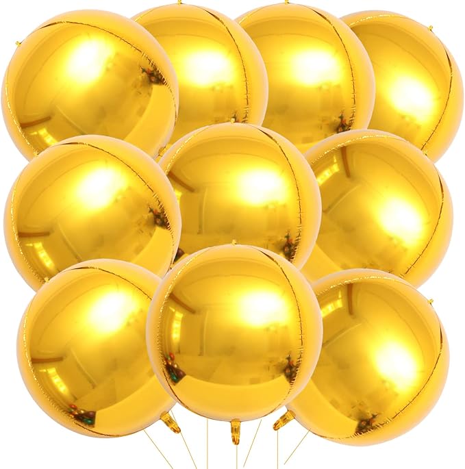 10 Pcs 22 Inch Gold Mylar Balloons, Large 4D Giant Round Foil Balloon Big by KALOR
