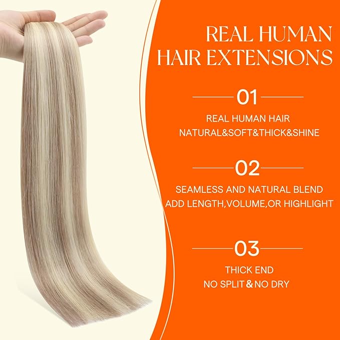 Full Shine Injected Remy Tape in Human Hair Extensions 18 Inch Color 18/613 Ash Blonde and Light Blonde Injection Double Sided Tape in Hair Extensions Skin Weft 50 Grams 20 Pcs for Wedding