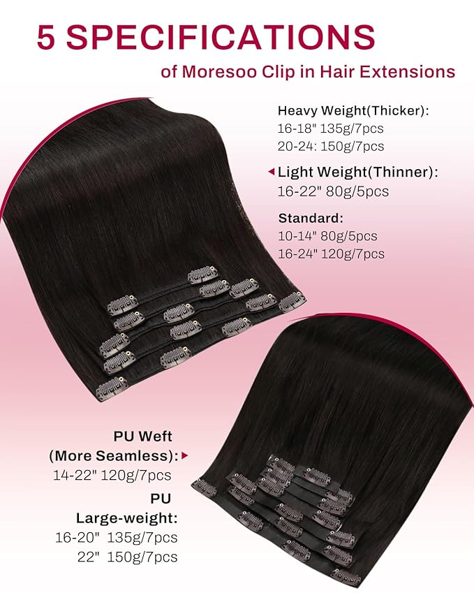 Moresoo Remy Human Hair Extensions Clip ins Brown Double Weft Clip in Extensions Real Human Hair Invisible Dark Brown 5Pcs 80G 20inch