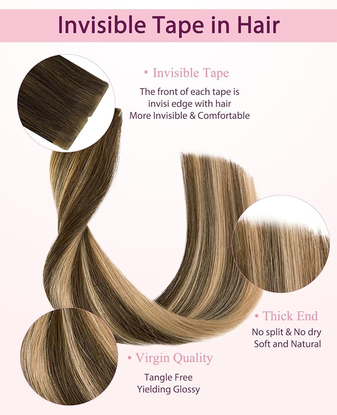 Pinkpearl Invisible Tape in Hair Extensions Human Hair, 20pcs 18inch 50g #4/27/4 Balayage Chocolate Brown to Caramel Blonde Injection Tape in Extensions Real Remy Seamless Human Hair Injected
