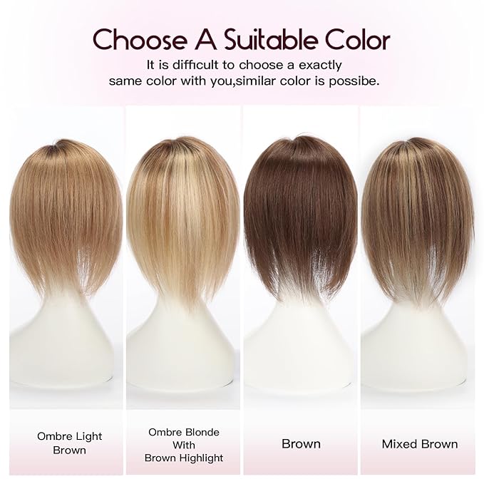EMMOR 12 Inch Human Hair Topper for Women - Real Hair Topper with Bangs & 6.5" × 6.5" Larger Base, Natural Thin Hair Solution for Women(Ombre Blonde & Brown Highlight)