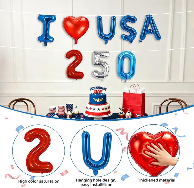 8Pcs 4th of July Decorations, USA 250 Foil Letter Balloons - Image 3