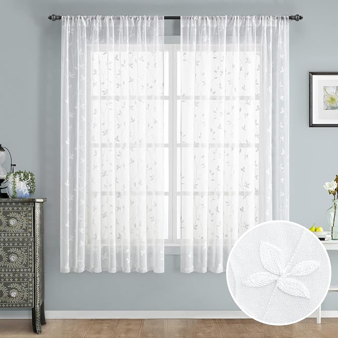 HOMEIDEAS White Sheer Curtains 2 Panels, Embroidered Vine Leaf, W52 x L63 | by HOMEIDEAS