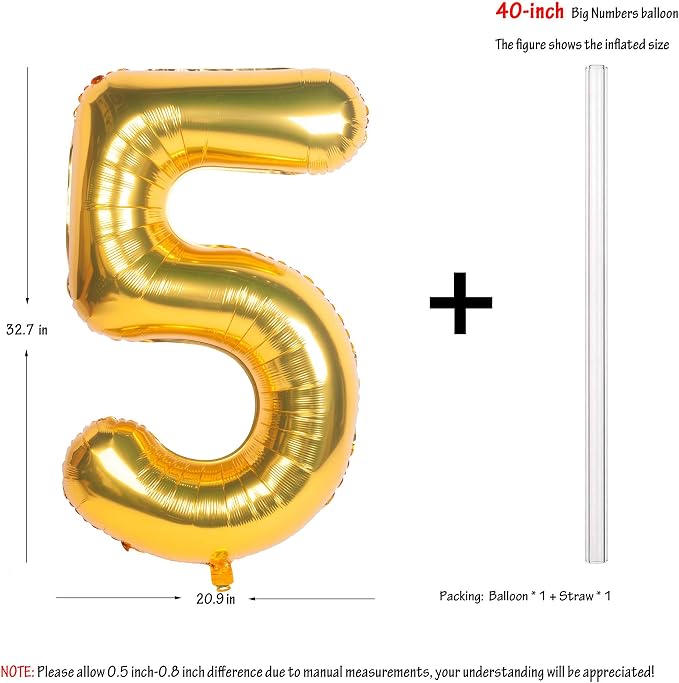 40In Large Gold Number Balloon 5 Aluminum Foil Mylar Big Number Balloon 0-9 | - Image 2