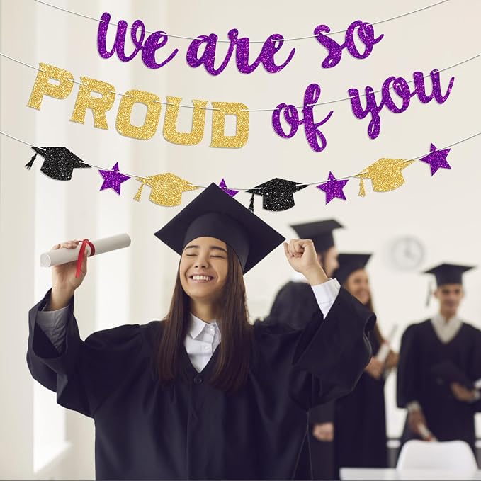 We Are So Proud of You Banner Prestrung Purple and Gold Graduation Banner - Image 5
