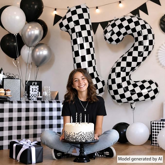 40 Inch Checkered Number 12 Balloon, Race Theme Foil Birthday Decor | 40in - Image 2