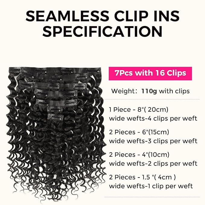 Lashey Clip in Hair Extensions 110g 7pcs Deep Wave Seamless Clip in Hair Extensions Human Hair 14 Inch Natual Black Thick Human Hair Clip ins Extensions for Women